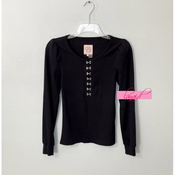 Chaser Tops - Chaser Black Hook & Eye V-Neck Ribbed Long Puff Sleeve Stretchy Edgy Gothic Top